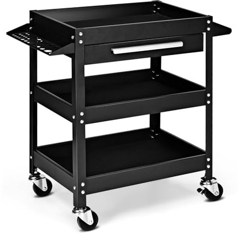 HOMFME 3 Tier Tool Cart, Heavy-duty Rolling Service Trolley with Lockable Wheels, Drawer, Tool Slots and Side Handle, Utility Storage Cart for Garage Warehouse Workshop Office (Black)