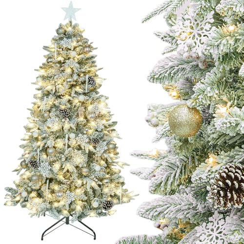 DEWUR 150cm Weihnachtsbaum künstlich mit Beleuchtung mit Schnee und STK. Weihnachtskugeln Weihnachtsdeko Set, Metallständer