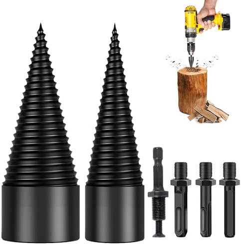 Afenau Brennholzbohrer, 42mm + 32mm Profi Bohrer Holzspalter mit 4 Bohrgriffe, Spaltholzkegel Holzspalterbohre, Bohrkegel Holzspalter, Schraube Kegel Schaft, Holzspalter für Bohrmaschine(Schwarz)