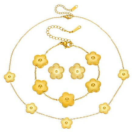 Hanaoops Vierblättriges Kleeblatt Schmuckset für Damen und Mädchen 18K Vergoldet Vierblättriges Kleeblatt Halskette Ohrringe Armband Set Zierliche Fünfblättrigem Glücksklee Schmuck Geschenke