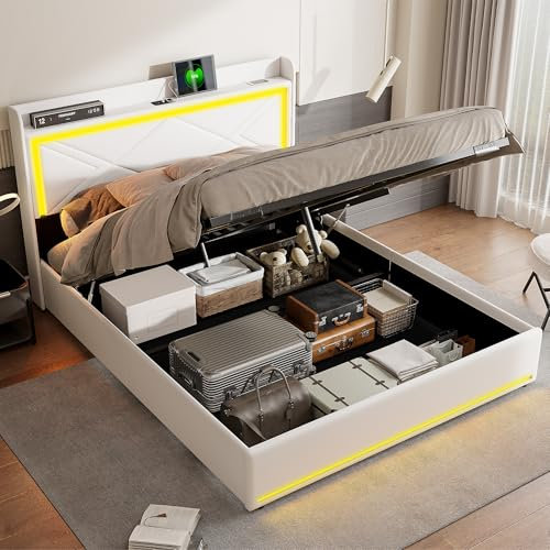 Polsterbett Doppelbett 140x200, LED Stauraumbett Funktionsbett Bettgestell mit Stauraum und Lattenrost, Kopfteil mit USB Type-C Ladefunktion und Staufach, PU, ​​ohne Matratze (Weiß, 140x200cm)