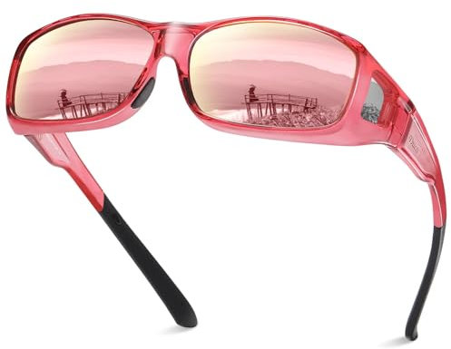 DUCO Herren und Damen Sonnenbrillen Polarisiert Unisex Brille UV400 Schutz Wrap Around Blendschutz Überbrille für Brillenträger Fit-over Polbrille (L Größe Transparent pink Rahmen Pink Linse)