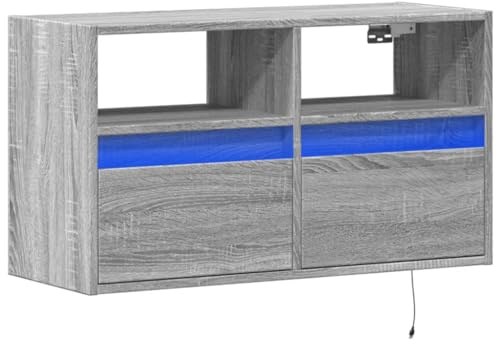 vidaXL TV Wall Cabinet with LED Lights - Floating Unit, Engineered Wood, Brown Oak, 80x31x45 cm, 2 Drawers, 2 Compartments, Space-Saving Design