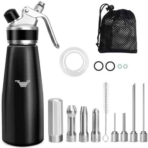 Sifone da Cucina,500ML Sifone Panna Montata Alluminio,Sifon da Casa per Spume Panna Montata Dolci E Salate Mousse Decorazioni,4 Punte per iniettori,3 beccucci in Acciaio Inossidabile,Pennello Pulito
