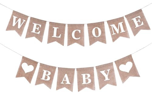 Vintage Leinen Welcome Baby Banner, Willkommen Baby Banner, Welcome Baby Girlande, Rustikal Leinen Buchstaben Wimpel Girlande, Sackleinen Jute Stoff Wimpelkette Flaggen für Zuhause Empfang Babyparty