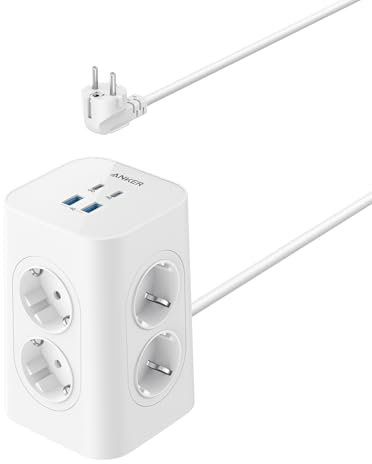 Anker multiprise avec Interrupteur, Tour de Charge 12-en-1 (13 A, 2 990 W), Recharge USB-C Rapide 20 W, 8 Prises CA, 4 Ports USB, câble d'extension de 2 m, pour Le Bureau, la Maison, Le Jeu
