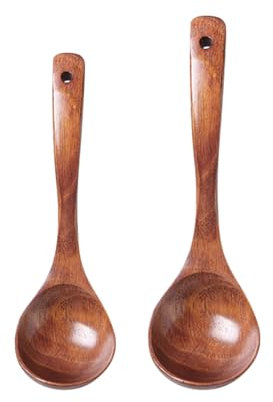JIHUOO 2 Pcs Wooden Ladle Spoon Long Handle Wood Soup Spoons Deep Round Serving Spoons Natural Wood Cooking Spoons Wooden Kitchen Scoops Utensils for Cooking Stirring Serving