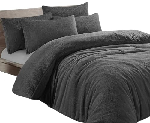 Dolce Vari Teddy Bear Fleece Bedding Set Soft Warm & Cosy Luxury Duvet Cover Set with Pillowcases Quilt Cover Sets Reversible Duvet Sets (Charcoal, King Duvet Set)