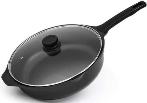 JQQJZLC Eisenwok -Pfanne mit Glasdeckel, flachem Boden Wok Wok geeignet für elektromagnetischen Herd, Gas geeignet