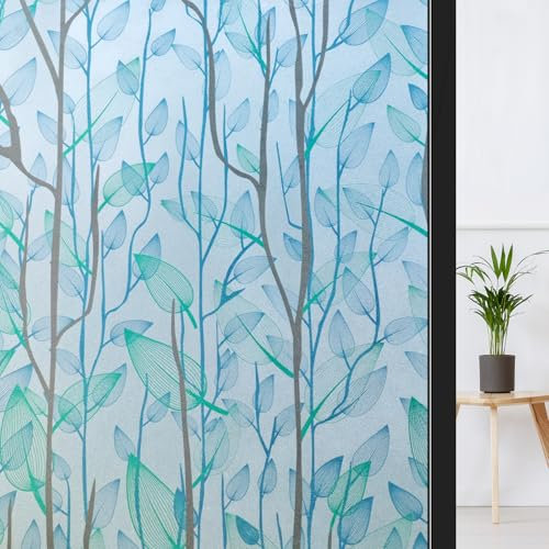 ConCus-T Leaf Window Film Privacy Static Cling Frosted Window Film Glass Door Film Decorative Resuable, Blue, 44.5 x 200 cm