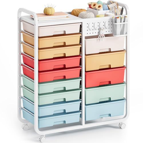 14-Drawer-Storage-Craft-Organizer-Trolley-Cart with DIY Pegboard & Hanging Basket & 4 Hooks for Office, Home, School Classroom, Art Supplies, Mobile Craft Organizer Drawer Cart,Multicolor