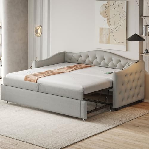 Ball & Cast Schlafsofa (90/180x200cm) mit USB-Anschluss und Weicher Kantenschutz, Klassische Knopf-Design, Einfach & Zeitsparend Montierbar, Ausziehbar - Leinenstoff, Grau