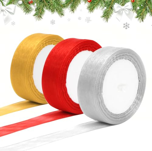 Geschenkband Weihnachten, Organza Schleifenband 25mm x 66M, Geschenkbänder Rot Gold Silber, Geschenke Verpacken Zubehör für Weihnachten Geschenk Hochzeit Geburtstag Party