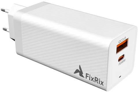 FixRix Chargeur rapide 65 W avec USB-C PD & USB-A Quick Charge 3.0 Blanc - Chargeur compact pour MacBook, ordinateur portable, tablette et smartphone avec prise européenne, fibre de carbone D