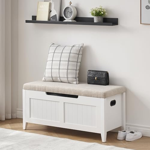 Storage Chest, 100cm Large Storage Bench with Seat Soft Cushion & Lift Top, Farmhouse Wooden Box Trunk with 2 Safety Hinges, Shoe Bench for Hallway Entryway Bedroom Living Room