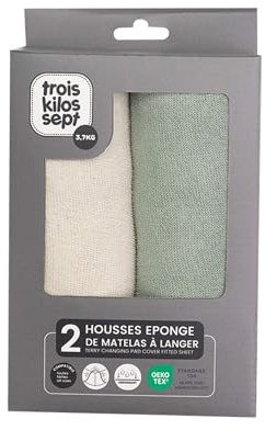 Trois Kilos Sept - Lot 2 Housses de Matelas à Langer Bébé - Eponge Absorbante - Universelles - Beige Sable et Vert - 70x50cm