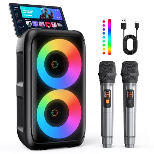 Karaoke Maschine mit 2 kabellosen Mikrofonen – 2x10W Tragbarer Bluetooth Lautsprecher, unterstützt TWS/AUX/USB/FM für TV, Smartphone & Tablet – Ideal für Party, Geburtstag & Reisen (Mic2)