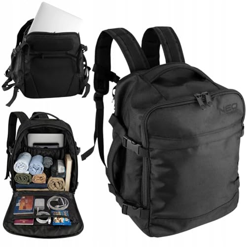 NEO TOOLS 3-in-1 Rucksack Handgepäck Flugzeug 40 x 25 x 20 cm Laptopfach | 15 Zoll Schwarz Business Reiserucksack Kabinengepäck Tasche, Für Büro Montage Arbeit