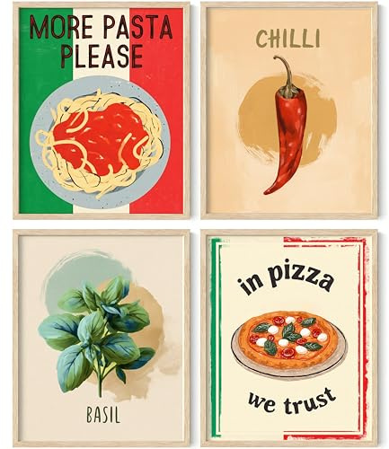 PACKLIST® Set de 4 Láminas Cocina Italiana Decoración Comedor - 20,3x25,4 cm Sin Marco - Pósteres Cuadros Comida Vintage Retro Restaurante Pizzería Trattoria - Papel 250g Pizza Pasta Chile