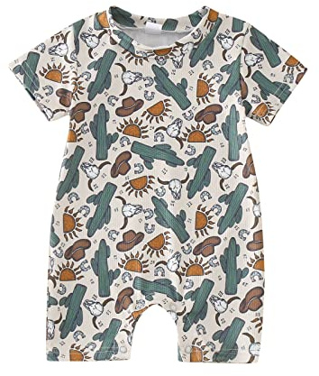 Generico Tuta intera a maniche corte per bambini con stampa sole cactus e stivali western, tutina estiva leggera in cotone biologico per neonati, abbigliamento giocoso per feste a tema cowboy