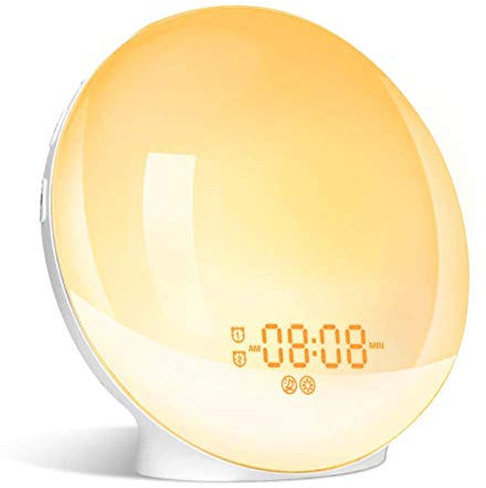 Despertador Luz Despertador-Amanecer/Atardecer Mesa de simulación Lámpara de cabecera Protección de los ojos con radio FM, Sonidos de la naturaleza y Función control -With British standard plug