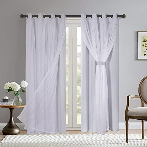 BONZER Tende oscuranti a doppio strato con occhielli in voile trasparente bianco per soggiorno, tende oscuranti miste e abbinate, colore bianco grigio, 132 x 213 cm, set di 2 pannelli