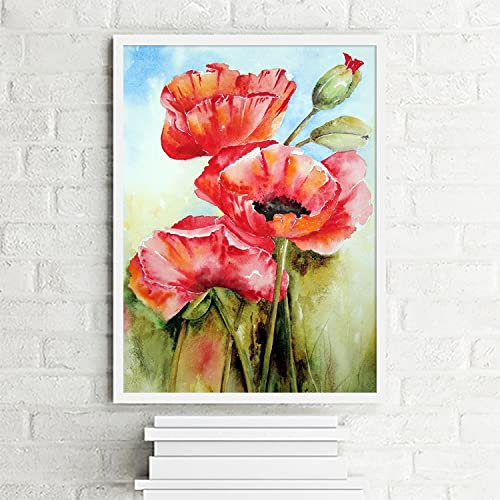 5D Quadratische Steine 40x50cm Diamant Malerei Gemälde Malen nach Zahlen Diamant Painting Bilder Groß Rote Blumen Mohnblume Strass Stickerei Diamanten Bilder Kreuzstich Basteln Leinwand Aufkleber