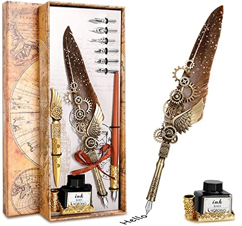 Kalligraphie-Set, antiker mechanischer Steampunk-Stil, Federstift, inklusive 1 hölzernem Dip-Stift, 8 Federn, 1 Flasche Tinte, 1 Brieföffner, 1 Basis (Grau)