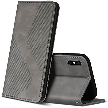 ZONNAVI Hülle für iPhone X/iPhone XS, PU Leder Handyhülle mit Kartenfächer und Standfunktion, Lederhülle Flip Wallet Case Schutzhülle für iPhone X/iPhone XS (Grau)