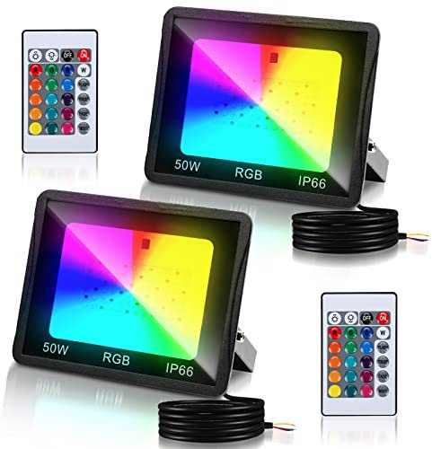 Tubiaz RGB Flutlichter mit Fernbedienung, 2er 50W IP66 Wasserdicht RGB Fluter Farbwechsel Dimmbar 16 Farben 4 Modi, Bunt Flutlicht mit Memoryfunktion für Balkone,Gärten (kein Stecker)
