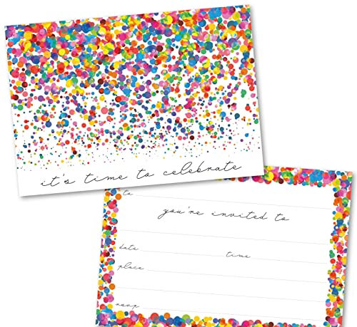 Party Invitations Pack of 36. Confetti Themed Invitation with Matching envelopes. 120 x 172mm. Party Invites, Birthday Party Invitations. Suitable for All Ages. Designed and Printed in UK.