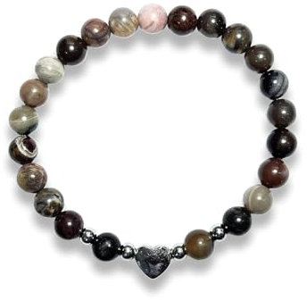 Majas Perlen Versteinertes Holz Armband Perlen echt 6mm Herz Edelstahl Silber - Größen 15 bis 17cm - Handmade Perlenarmband Lebensfreude Erdung Erholung - Spiritueller Schmuck Damen