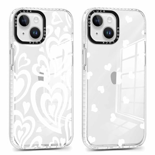 Xylota 2 Stück Transparent Handyhülle für iPhone 15 6,1 Hülle, Durchsichtig Aesthetic Liebesherz Muster Case, Weich Silikon Dünn TPU Stoßfeste Kratzfest Schutzhülle Frauen Mädchen Mode Cover