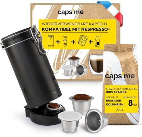 CAPS ME - Kit Complet Capsule Rechargeable pour Nespresso Original (1 Shaker + 3 Dosettes Réutilisables en Inox + 48 Couvercles Opercules en Papier + Café Premium) - Cadeau Économique et Écologique