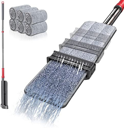 MASTERTOP Balai Serpillière Microfibre à Essorage Intégré, Balai Auto Essoreur avec Tête Rotative à 360°, Serpillère à Rangement Debout pour Nettoyage de Sol avec 6 Tampons Microfibre