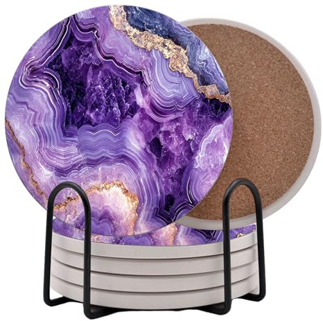 Lila Achat Marmor Runde Untersetzer 6er Set - Abosrbent Keramik Untersetzer mit Metallständer für Getränke, Kaffee, rutschfeste Korkrückseite für Tischschutz, 4 Zoll Marmoriert Muster (Amethyst)