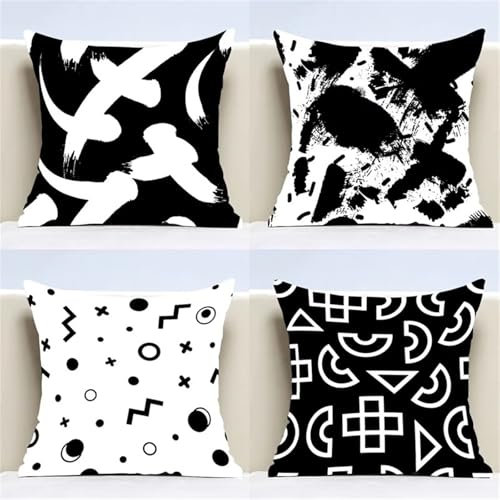 Fundas de Cojín 65x65cm,Blanco y Negro Juego de 4 Terciopelo Cojines Decoracion,Funda cojín Decorativas Suaves y Transpirables con Cremallera Oculta para Sofá, Dormitorio, Sala de Estar (Pintada)