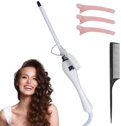 9mm Mini Lockenstäb, Lockenstab Kleine Locken, Professional LCD-Display Lockenwickler 100-210℃, Keramischer 30s Schnelles Aufheizen Temperatur Einstellbar, mit Kamm und Haarspangen (Weiß)