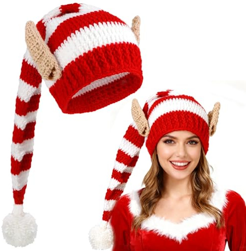 Beipegin Weihnachtsmütze Lang mit Elfenohren Winter Wärmer Häkel Strickmützen Weihnachtself Lustige Mütze Weihnachtsfeier für Herren Damen