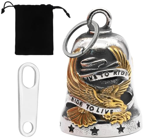 PEVRUAY Campanella Moto Portafortuna per Motociclisti, Campanello Da Motociclista, Acciaio Inossidabile con Ali e Stelle, Portachiavi Anello Appeso Accessori Moto, oro