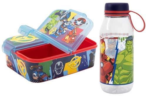 WS-Trend Avengers Kinder Lunch Set 2-teilig – 3-Kammer Brotdose (ca. 18×13×5,5 cm) + Trinkflasche 460 ml – Pausenbox & Kinderflasche für Schule/Kindergarten