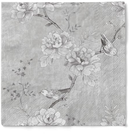 Sovie HORECA Tissue Serviette 33 x 33 cm, saugstarke & hochwertige Einweg-Servietten, edles Blütendesign mit Vogelmotiv, Ideal für Hochzeiten Jubiläen Geburtstage, 100 Stück - Maylin in Hellgrau