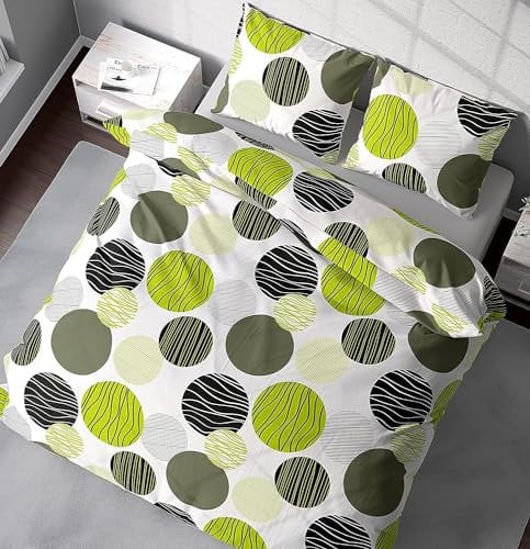 DILIOS Premium Bettwäsche 200 x 200 cm, 100% Atmungsaktive Baumwolle mit Reißverschluss, Renforcé, Grau, Schwarze Punkte, 3-teilig Bettbezug 200x200 cm + 2 Kissenbezug 80x80 cm