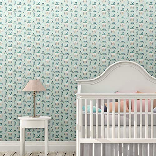 KindertapeteIndianer Eulen mit Federn in mint, Vlies Tapete Kinder, moderne GMM Design Tapete Kinderzimmer (um halbhoch zu tapezieren H: 1,5m B: 46.5cm)