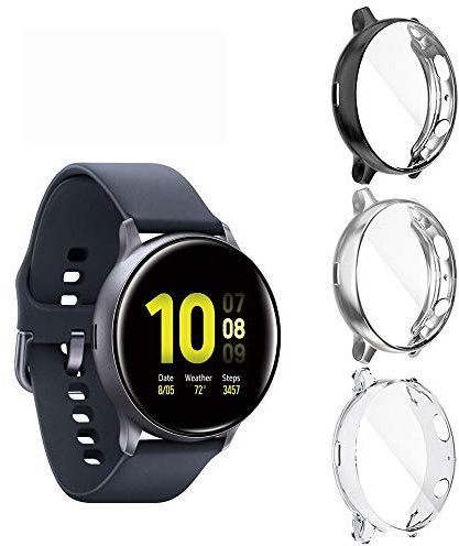 Diruite für Samsung Galaxy Watch Active 2 40mm hülle Schutzhülle(Nicht Active 2 44mm),Soft TPU Slim Stoßfestes Plattierte Displayschutzfolie Cover Klar&Silber&Schwarz,40mm