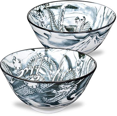 Mino Ware Japanese Rice Bowl, Rice Ramen Noodle Soup Sarada Pasta, Black Dragon Design Chawn, 2.5 inch 8.8oz, Set of 2