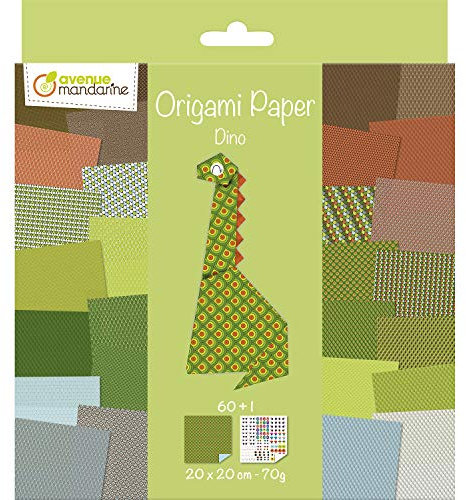 Avenue Mandarine OR512C - Packung Origami Papier mit 60 Blatt, beidseitig bedruckt, 20x20cm, 70g, + 1 Bogen Augen Stickers, ideal ab 7 Jahren, Dino, 1 Pack