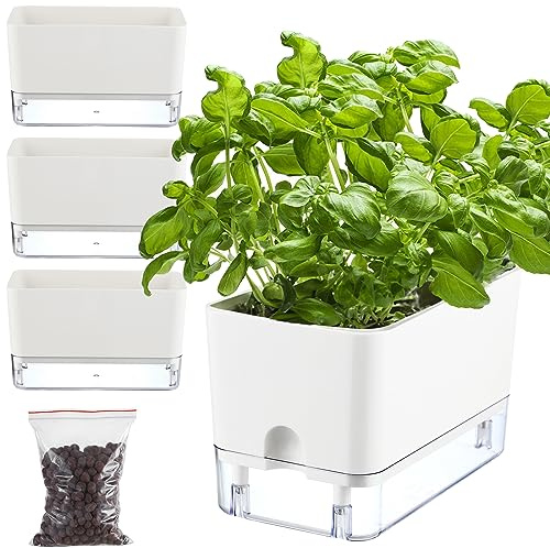 Planterhoma Selbstbewässernde Blumentöpfe für Zimmerpflanzen, 25,4 cm, 3 Packungen rechteckige, selbstbewässernde Pflanzgefäße mit Drainageloch, weiße afrikanische Veilchen-Töpfe für Teufels-Efeu,