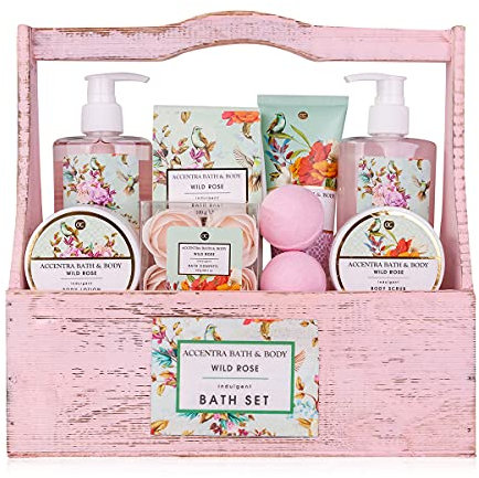 Accentra – Duschset Frauen Geschenkset im Holzkorb – 8-teiliges Pflegeset mit Duschgel, Bodylotion, Badezusätzen, Peeling & Handcreme – Wellness Geschenk Set zum Geburtstag, Valentinstag & Weihnachten
