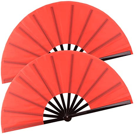 HONSHEN Lot de 2 grands éventails pliants rouges chinois Kung Fu Tai Chi en nylon pour homme et femme Performance, danse, décorations, festival, cadeau (éventail pliable rouge 2p)